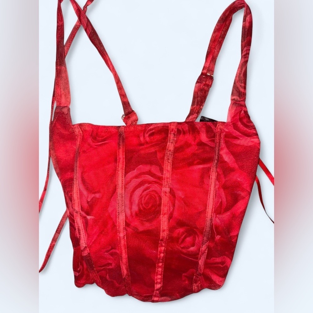 Windsor Red Rose Print Corset Bustier Top XS Lace-Up Back - Picture 7 of 11